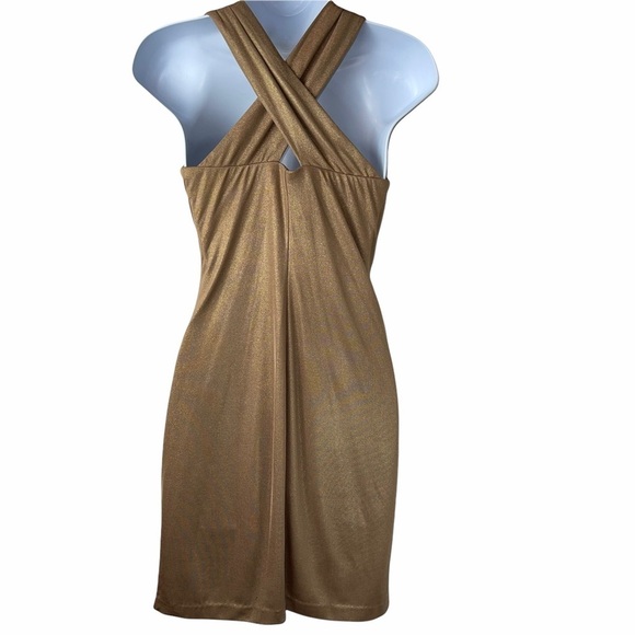 Donna Morgan Shimmery Metallic Gold V Cut Cinched Waist Cocktail Dress Size 2P - Picture 3 of 9